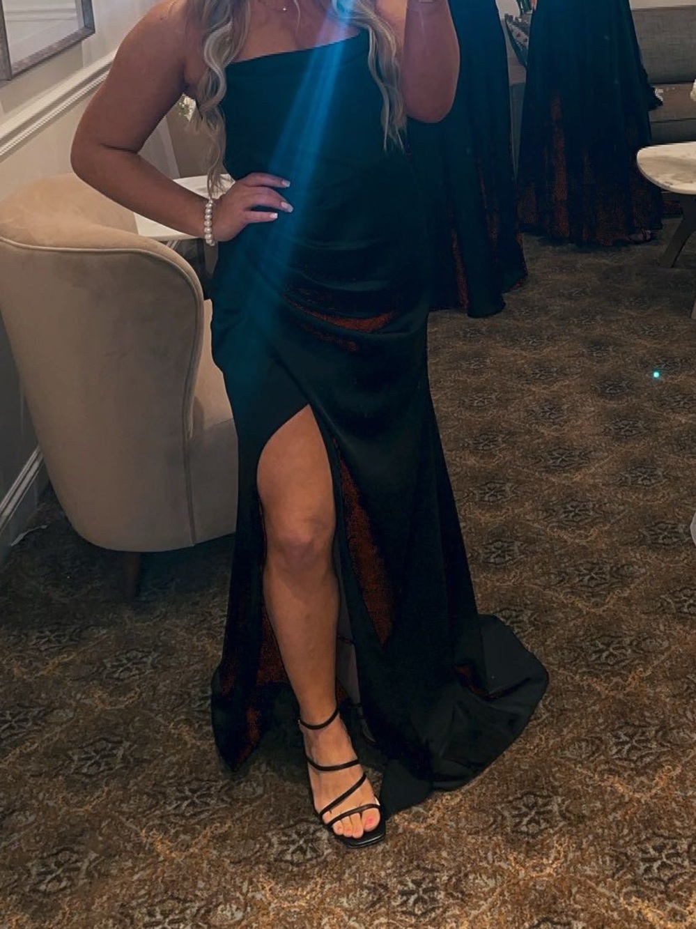 Black Satin One-Shoulder Bridesmaid Dress with Thigh Slit